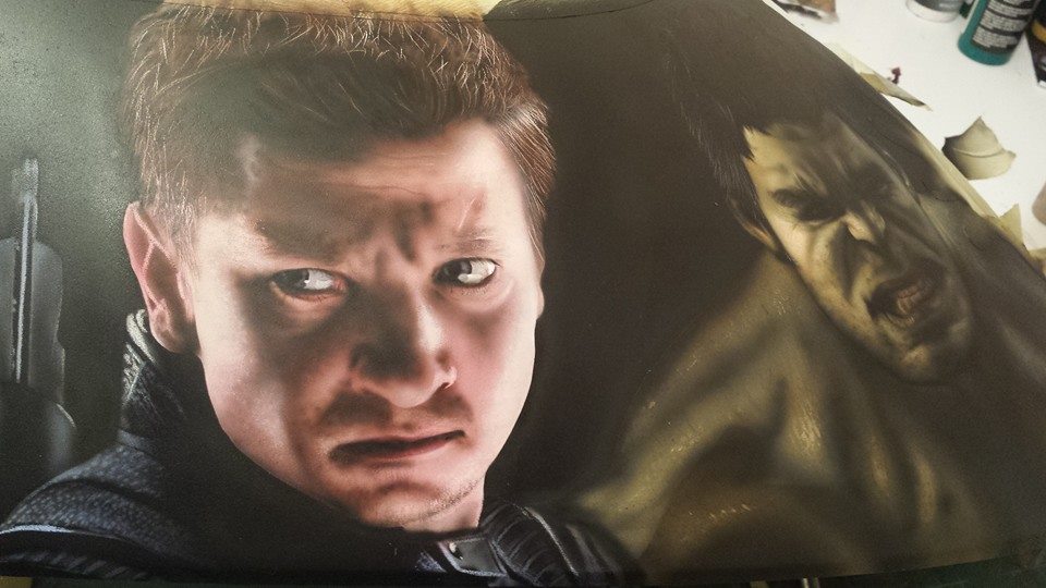 Airbrushed Painting of Hawkeye on a Jet Ski